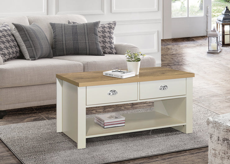 Highgate 2 Drawer Coffee Table - Cream & Oak